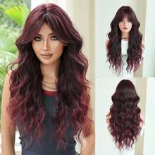 7JHH WIGS Pelucas largas onduladas y rizadas con flequillo de cortina para mujeres, de 28 pulgadas, de fibra sintética resistente al calor, esponjosas para uso diario, fiestas y cosplay (Rubio Ombré, Marrón Ombré, Rojo, Gris, Marrón Miel, Púrpura, Marrón Cálido) - Multicolor - Ver 13