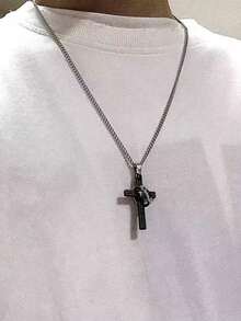 1pc Stainless Steel Cross & Hoop Pendant Necklace, Suitable For Daily Wear, Parties, And Special Occasion Gifts, Punk Style - Multicolor - View 8
