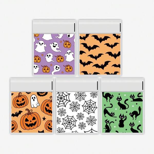 100pcs Halloween Treat Bags, Cute Ghost Pumpkin Bat Spider Web Candy Bags, Clear Party Favor Gift Bags, Trick Or Treat Packaging Supplies