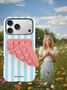 GIIPPA 1件淺藍色垂直條紋圖案設計手機殼，適用於Phone 17 Pro Max，附粉色吸盤，兼容Phone 16 Pro Max、15 Pro Max、14 Pro Max，韓式高端時尚趣味手機殼，兼容11/12/13/14/15/16 Pro Max Plus，優雅設計男女皆宜，適合送給女友的聖誕節、情人節、復活節、婚禮季與生日禮物 - 淺藍色 - 查看 7