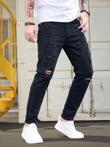Men's Stylish Black Skinny Jeans Extreme Ripped Frayed & Ruched Ankle For Street Outfits Streetwear Casual Wear With Stretch Breathable Jeans - 黑色 - 查看 2