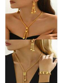 4pcs/Set Pakaian Pesta Wanita Gaya Retro Minimalis Modis yang Dapat Dipersonalisasi untuk Wanita Eropa dan Amerika (Aksesoris Ditempatkan Secara Acak) - Yellow Gold - View 19