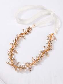 1pc Elegant Gold Crystal Leaf Bridal Headband With Ribbon, Exquisite Wedding Hair Accessory, Suitable For Bridesmaid, Prom Bridal Hair Accessory - Gold - View 9