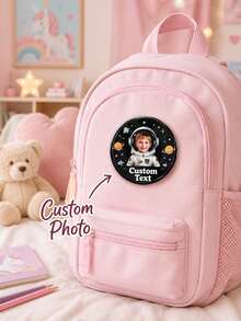 1pc Personalized Astronaut Photo Pin Badge With Custom Name, Round Space Theme Button Brooch For Kids, Backpack, Jacket, School Bag, Birthday Party, G - Multicolor - View 2
