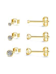 3pcs 925 Sterling Silver Stud Earrings For Women,Cubic Zirconia 5A+ Earring Set For Cartilage Earring Stacks Hypoallergenic CZ Studs For Sensitive Ear - Gold - View 6