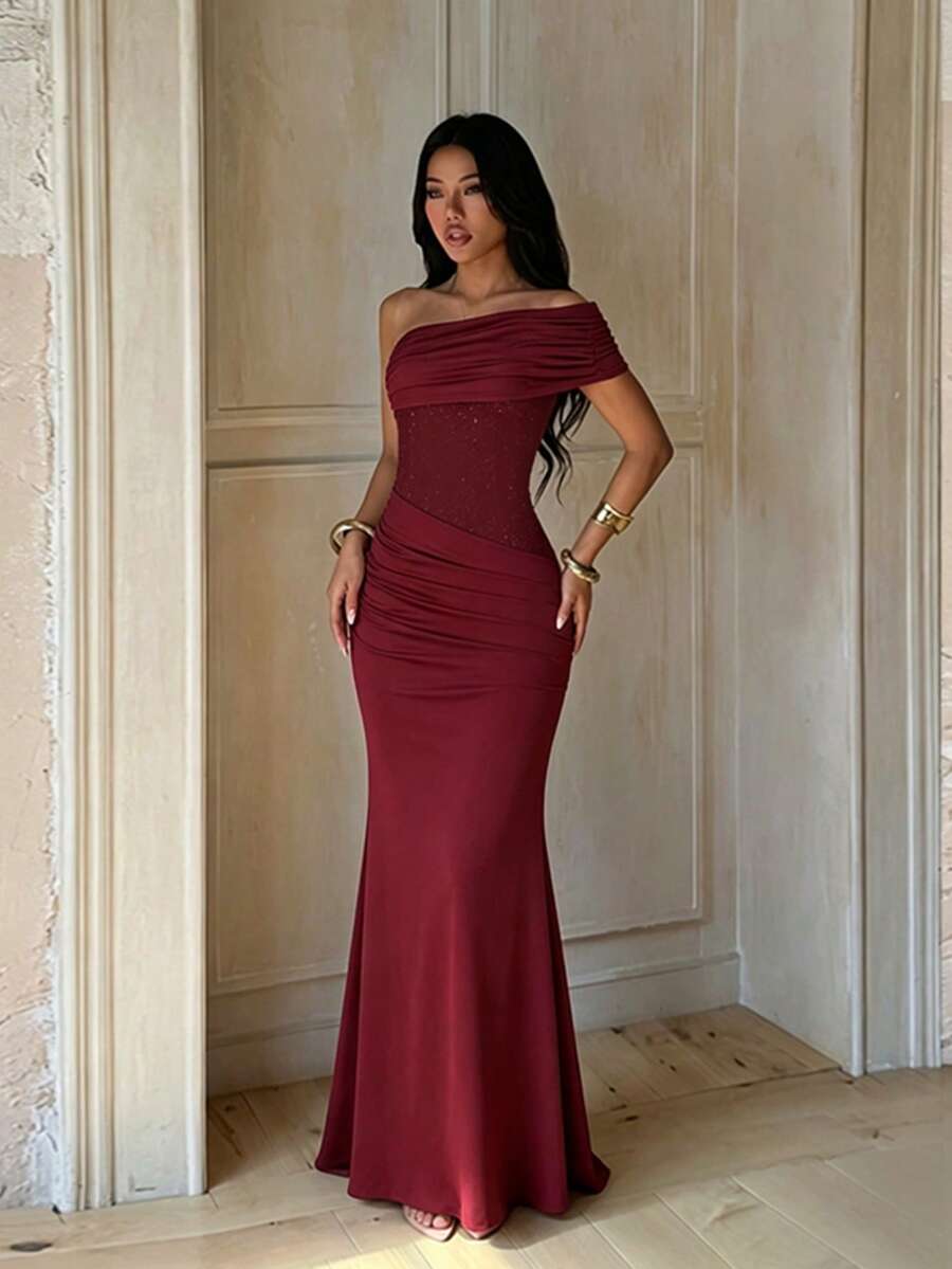 秋季亮面優雅派對晚禮服，性感拼接設計沙灘洋裝，適合婚禮、度假、晚餐、開學季