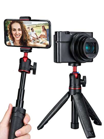 1pc Mini Camera Tripod With 360° Ball Head, Extendable Handheld Handle, Foldable Desktop Stand, 1/4" Screw Interface, Suitable For Cameras, Action Cameras And Ring Lights