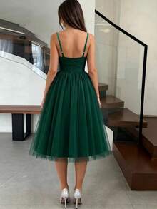 Women's Ruched Spaghetti Strap Ball Gown Party Wedding Tulle Dress Fall - Dark Green - View 2