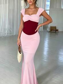 Contrast Color Sweetheart Neckline Fitted Waist Slim Fit Bodycon Mermaid Tail Evening Dress - Pink - View 3