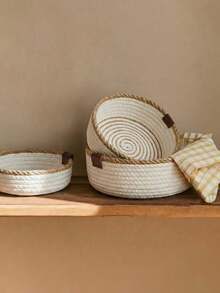 1pc Desktop Woven Storage Basket, Minimalist Round Organizer Bin For Entryway Clutter, Suitable For Storing Cosmetics, Remote Controls, Skincare Products And Keys, Home Bedroom Decor - Multicolor - View 3