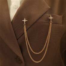 1pc Women's Double Layer Metal Chain Gold Rhinestone Cross Star Brooch, Detachable Fashion Decorative Accessory, Suitable For Daily Casual Wear, Holiday Gift - Gold - View 5