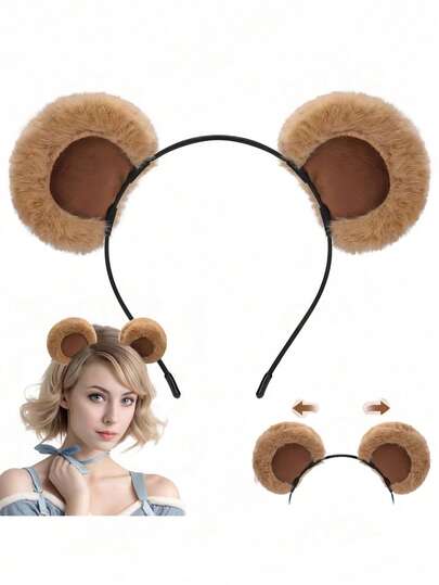 1pc Cute Bear Animal Ear Headband, Bear Ear Headband With Movable Ears, Plush Face Wash Makeup Headband, Animal Cosplay