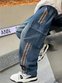 Quần jeans denim ống đứng túi hộp phong cách thường ngày mới 2026 cho bé trai, quần dài trẻ em - Rửa trung bình - Xem 1