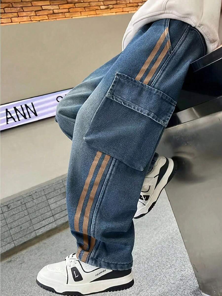 Quần jeans denim ống đứng túi hộp phong cách thường ngày mới 2026 cho bé trai, quần dài trẻ em - Rửa trung bình - Xem 1