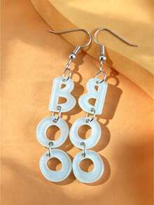 1Pair Frosted Light Blue Separate BOO Letter Chain 2D Flat Acrylic Hook Dangle Earrings, Halloween Spooky Word Text Drop Earrings For Women, No Box. - BOO - View 2