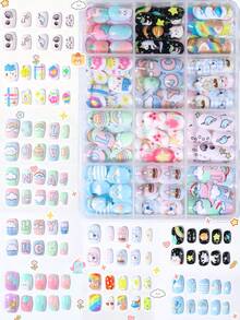 288pcs Y2K Style Little Girl Nail Stickers, Acrylic Material, Pre-Coated Gel, Full Coverage Press-On Nails, Shiny Cute Patterns Including Rainbow, Unicorn, Heart And Star Elements, Short Adhesive Nail Stickers, Perfect For Little Girls - Cute Unicorn Theme - Multicolor - View 2