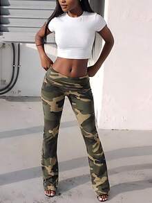 Women's Camouflage Print Flare Pants, Polyester Medium Stretch Long Pants, Autumn Outfit - Army Green - View 3
