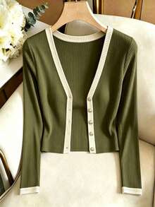 Cardigan Rajut Bergaris Leher V Wanita, Sweater Lengan Panjang Ringan dengan Kancing Depan dan Trim Kontras, Cocok untuk Musim Semi dan Musim Gugur - Hijau Tentara - View 4