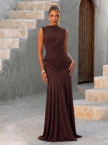 Elegant Sexy Backless Party Dress, Round Neck Pleated Design, Backless Detail, Perfect Choice For Parties - Brown - View 7