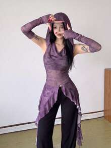 Top Dazzle Fashion 女款連帽針織上衣，不對稱下擺，對比色網紗袖，打造造型完美之選 - 紫色 - 查看 6