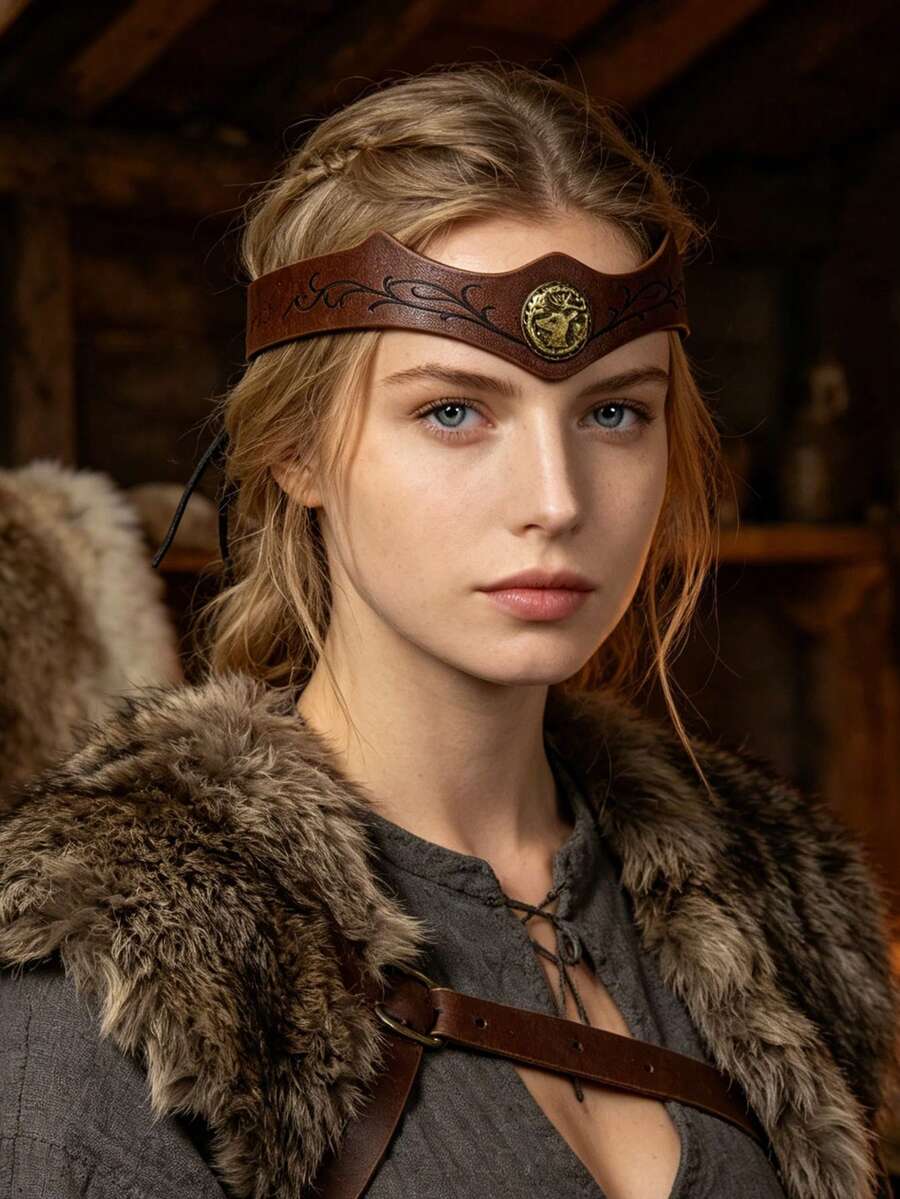 1pc Medieval Vintage PU Leather Embossed Headband, Renaissance Viking Market LARP Costume Prop, Halloween Cosplay Outfit Accessory - A - View 1