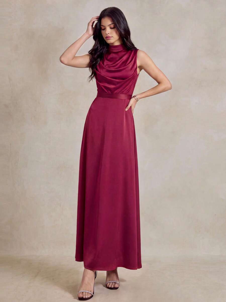 PARTHEA Elegant Burgundy Satin Sleeveless Dress For Women, Ruched Mandarin Collar, Waist Belt With Back Bow, - Burgundy - View 1