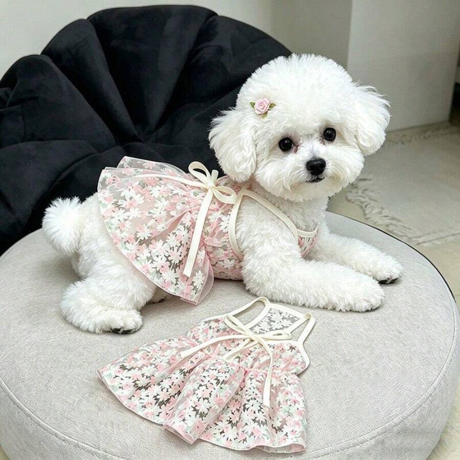 1PC Pet Cherry Blossom Princess Skirt Fashionable And Comfortable Cat/Dog Dress Suitable For Small And Medium Sized Pet Clothes Such As Teddy Poodle - White - View 1