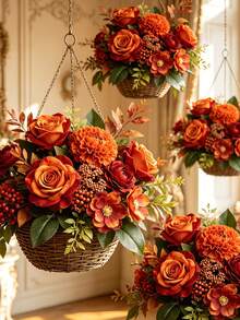 3pcs Artificial Daisy Peony Rose Bouquet With Hydrangea Accents, Faux Flowers, Home Decor, Autumn, Wedding, Halloween, Thanksgiving, Autumn Table Centerpiece Decoration, Home Office Display, Hotel, Home Room, Table Party Decoration, DIY Wreath Decoration - Orange - View 3