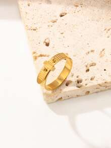 Geometric Square Belt Buckle Textured Ring, 18K Gold Plated/304 Stainless Steel, Women's Stackable High-End Minimalist Niche Jewelry - Belt Buckle - View 10