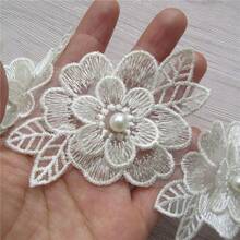 10入組花卉刺繡蕾絲飾邊，含珍珠3D花朵蕾絲飾邊與緞面絲帶，婚紗手工DIY縫製手工藝裝飾用品 - A - 查看 8
