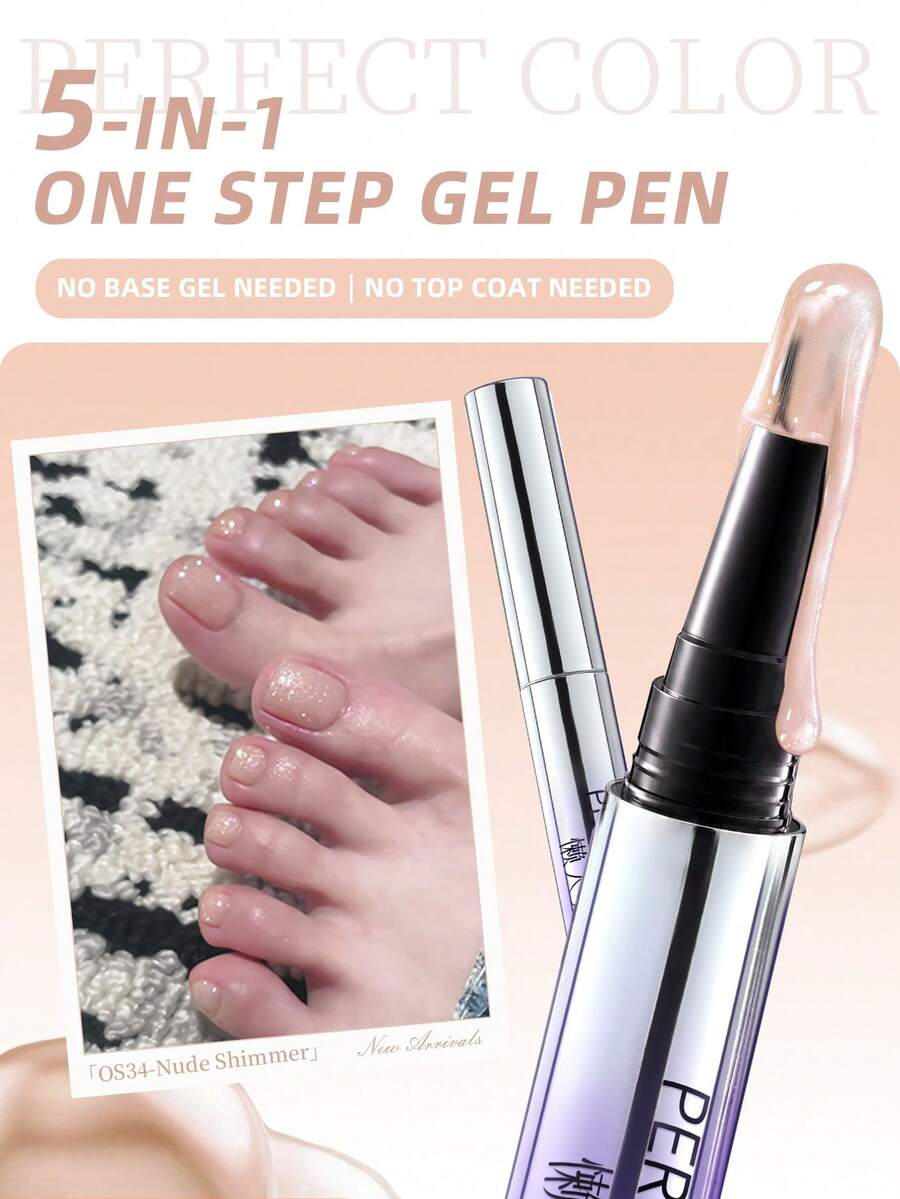 PERFECT COLOR Bolígrafo de Gel para Uñas 5 en 1 de un Paso 3ml Nude Glitter, sin necesidad de capa base y capa superior, esmalte de uñas de gel UV LED, adecuado para principiantes manicura DIY diaria
