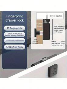 1S Fast Biometric Fingerprint Drawer Lock, Smart Anti‑Theft Cabinet Security Lock, 10 Fingerprints Storage, Type‑C Emergency Power, Easy Install For Wooden Drawers & Cabinets, Drilling Required, Batteries Not Included - View 5