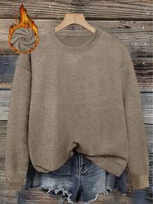 Women's Fashion Knitted Long Sleeve Sweater, Regular Length Crew Neck Top, Suitable For Autumn/Winter Wear - Earthy Gray - View 3