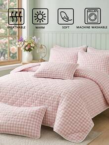 2/3pcs Pink Fresh Plaid Bedding Set (1pc Bed Cover + 1/2pcs Pillowcases), Minimalist Design, Multi-Functional, Modern Minimalist Polyester Fabric, Soft And Comfortable, Suitable For Master Bedroom And Guest Bedroom - Multicolor - View 7