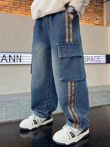 Quần jeans denim ống đứng túi hộp phong cách thường ngày mới 2026 cho bé trai, quần dài trẻ em - Rửa trung bình - Xem 5