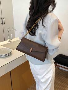 Vintage Brown Textured Flap Bag With Metal Chain Underarm Bag, Luxury Versatile Commuter Shoulder Handbag - Coffee - View 5