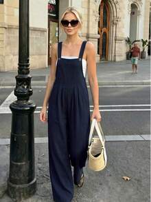 Mono de pierna ancha con botones y tirantes de unicolor casual para primavera/otoño para mujeres - Azul Marino - Ver 1