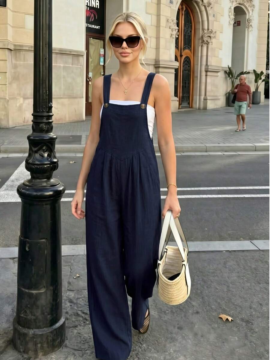 Mono de pierna ancha con botones y tirantes de unicolor casual para primavera/otoño para mujeres - Azul Marino - Ver 1