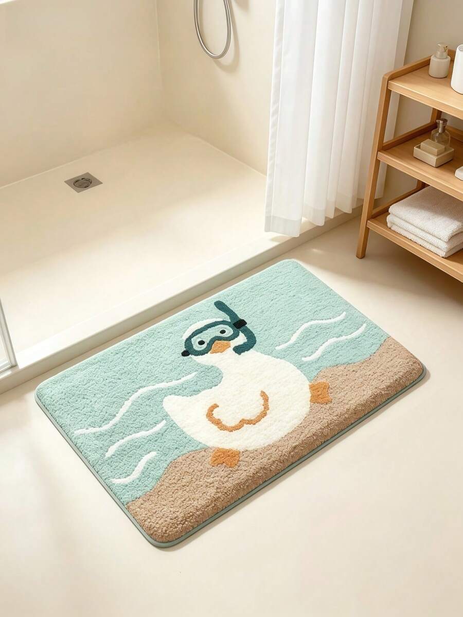 Soft Cute Diving Duck Bathroom Mat | Playful Wave Pattern, All-Season Use, Fresh In Spring/Summer, Cozy In Winter, Fluffy Soft Plush, Comfortable Foot Feel, Faux Cashmere Soft Texture, Non-Slip Bottom, Versatile Soft Door Mat, Makeup Mat, Warm Entryway Mat, Bathroom Bath Mat, Bathtub Mat, Home Bedroom, Bay Window Mat, Bedside Rug, Washing Machine Mat, Machine Washable. Note: Creases May Occur During Packaging And Shipping, The Product Is Printed With A White Bottom, Short Plush, Please Consider Carefully Before Purchasing. - Duck - View 1
