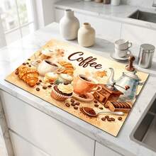 1pc Dish Drying Mat, Coffee Machine Mat, Vintage Hand-Painted Coffee & Dessert Pattern Dish Drying Mat, Absorbent Quick-Dry Tabletop Protector, Restaurant Coffee Corner Cafe Countertop Mat, Room Desk Protector, Holiday Gift, Kitchen Decor - XYLSD709 - View 4