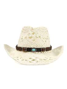 1 pieza Sombrero de paja de vaquero occidental blanco crema con ganchillo hueco, decoración de hebilla de cuero turquesa bohemio, ala ancha tejida transpirable y llamativa para protección solar, estilo vintage de vacaciones que favorece el rostro, adecuado para salidas a la playa y festivales de música - sombrero de paja - Ver 5