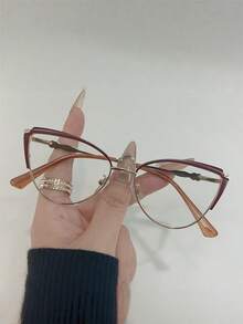 1副女士银色猫眼金属框无度数时尚装饰眼镜 - 銀色 - 查看 7