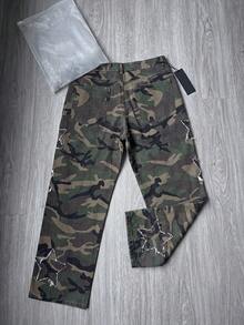 Men's Wide Leg Straight Camouflage Cargo Pants, Five-Point Star Patch Raw Hem Multi-Pocket Cargo Denim Jeans, Street Fashion Outfit Jeans - Army Green - View 6