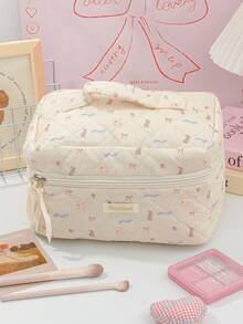 1pc Beige Quilted Bear Design Girls Makeup & Skincare Cosmetic Bag With Zipper, Travel & Vacation Essential Organizer For Sanitary Pads, Lipstick, Cosmetics, Perfume, Makeup Brushes, Suitable For Women, Students, Gift For Friends, Holiday Gift - Apricot - View 9