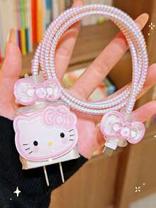 SANRIO Hello Kitty DIY 數據線充電器保護套 數據線收納標記防盜款 高品質 適用 17 16 15 14 13 12 11 手機 20W 充電適配器，買家需手動 DIY 黏貼配件 - 粉紅色大蝴蝶結KT - 查看 3