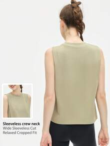 Leorrey 1 buah Atasan Tank Top Olahraga Wanita Model Pendek Leher Bulat Tanpa Lengan dengan Detail Kerut di Bagian Bawah, Longgar, Lembut, dan Nyaman - Hijau - View 2