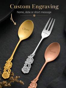 Customized 1pc Rose Handle Stainless Steel Spoon And Fork, Suitable For Personalized Dessert Tableware With Engraved Names, Elegant Flower Shaped Tableware, Suitable For Matching Wedding Gifts, Party Gifts, Coffee And Desserts. - Color - View 2