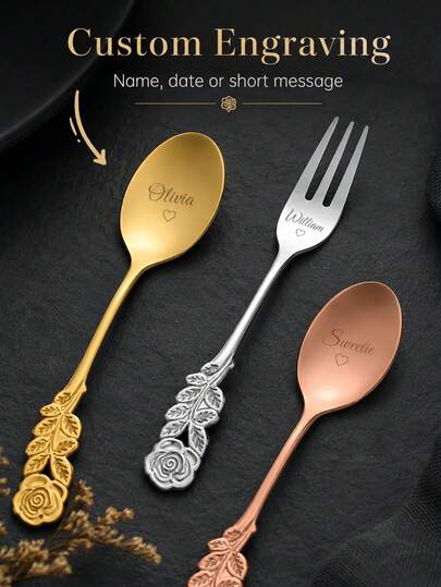 1 pièce Cuillère et fourchette en acier inoxydable avec manche rose personnalisé, convient pour la vaisselle de dessert personnalisée avec noms gravés, vaisselle élégante en forme de fleur, convient pour les cadeaux de mariage assortis, les cadeaux de fête, le café et les desserts.