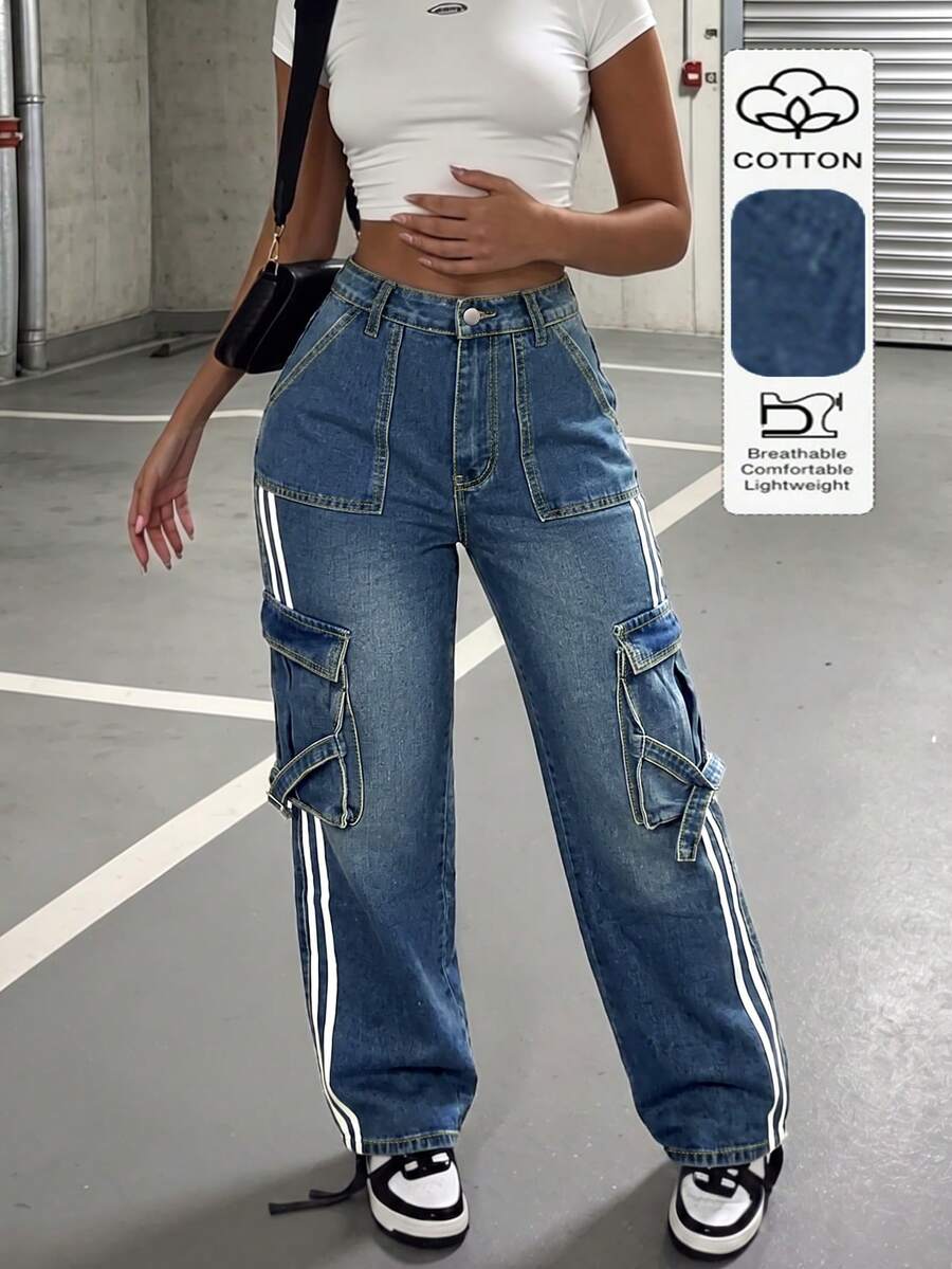 Women's Straight Leg Long Denim Jeans With Unique Side Stripe Design, Featuring Pockets, Buttons And Zipper, Casual Wear - Dark Wash - View 1