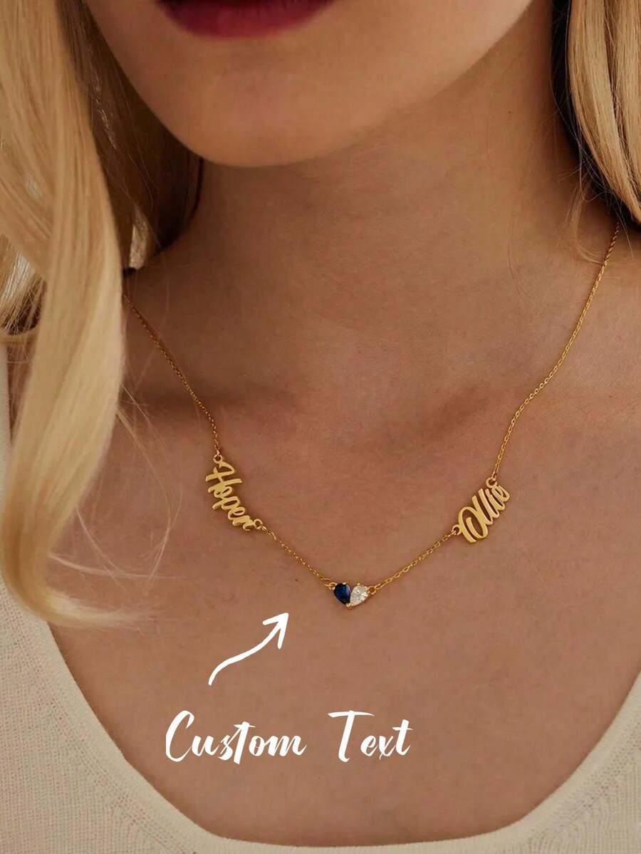 1 Pc Double Name Necklace, Custom Necklace, Birthstone Necklace, Gold Necklace, Anniversary Gift, Grandma Gift For Mom, Mothers Day Gift For Her - Multicolor - View 1